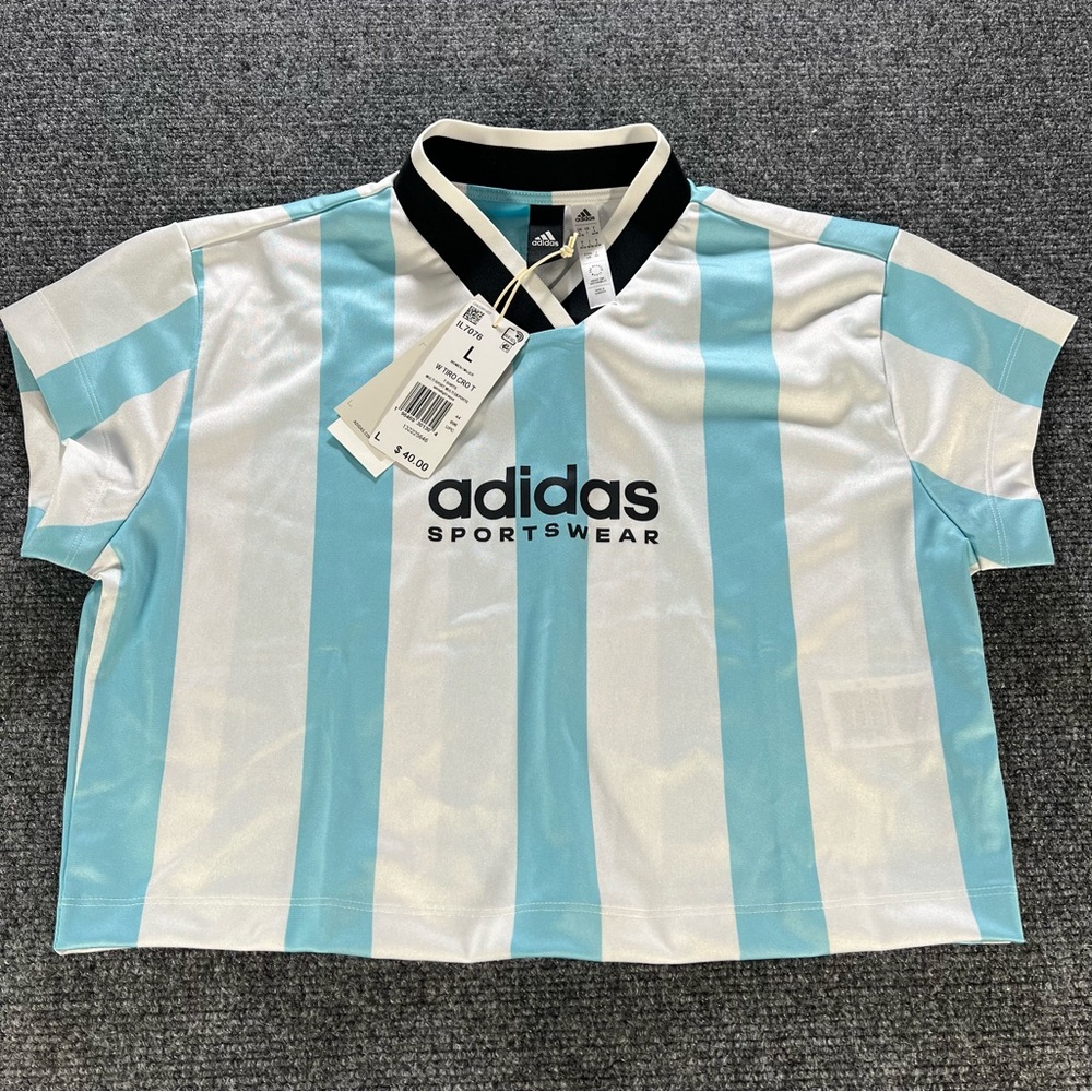 Adidas Women Tiro Colorblock Cropped Tee Size L White/Light Aqua World Cup NWT
